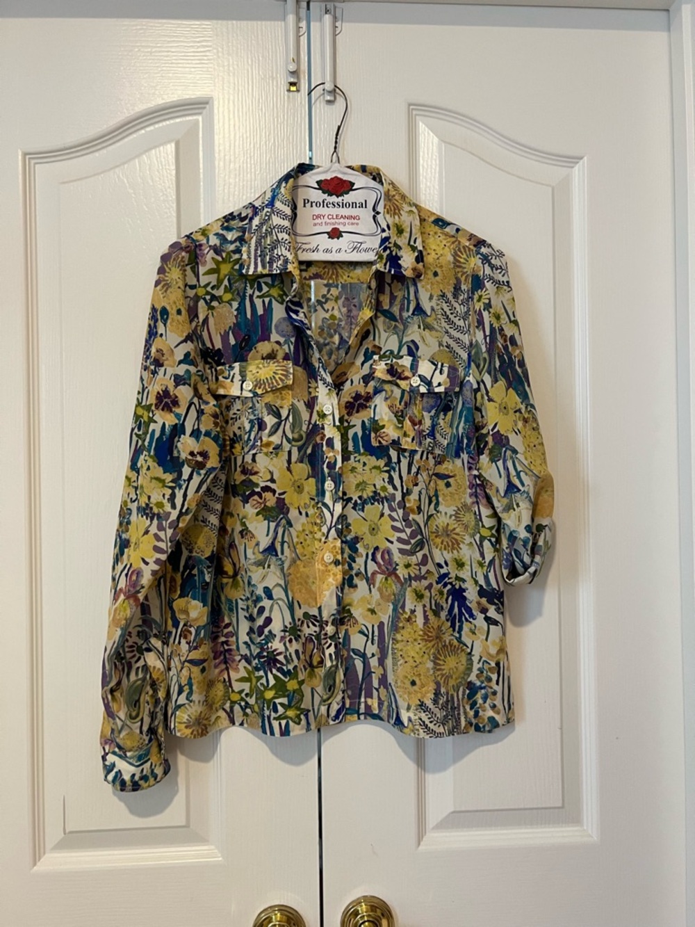 100% silk. Floral Button-Front Blouse in Yellow, Blue, Purple & Green.